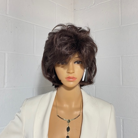 NWT 11” dark brown wig natural puff volume thick top layers adjustable bangs DP - Picture 8 of 16